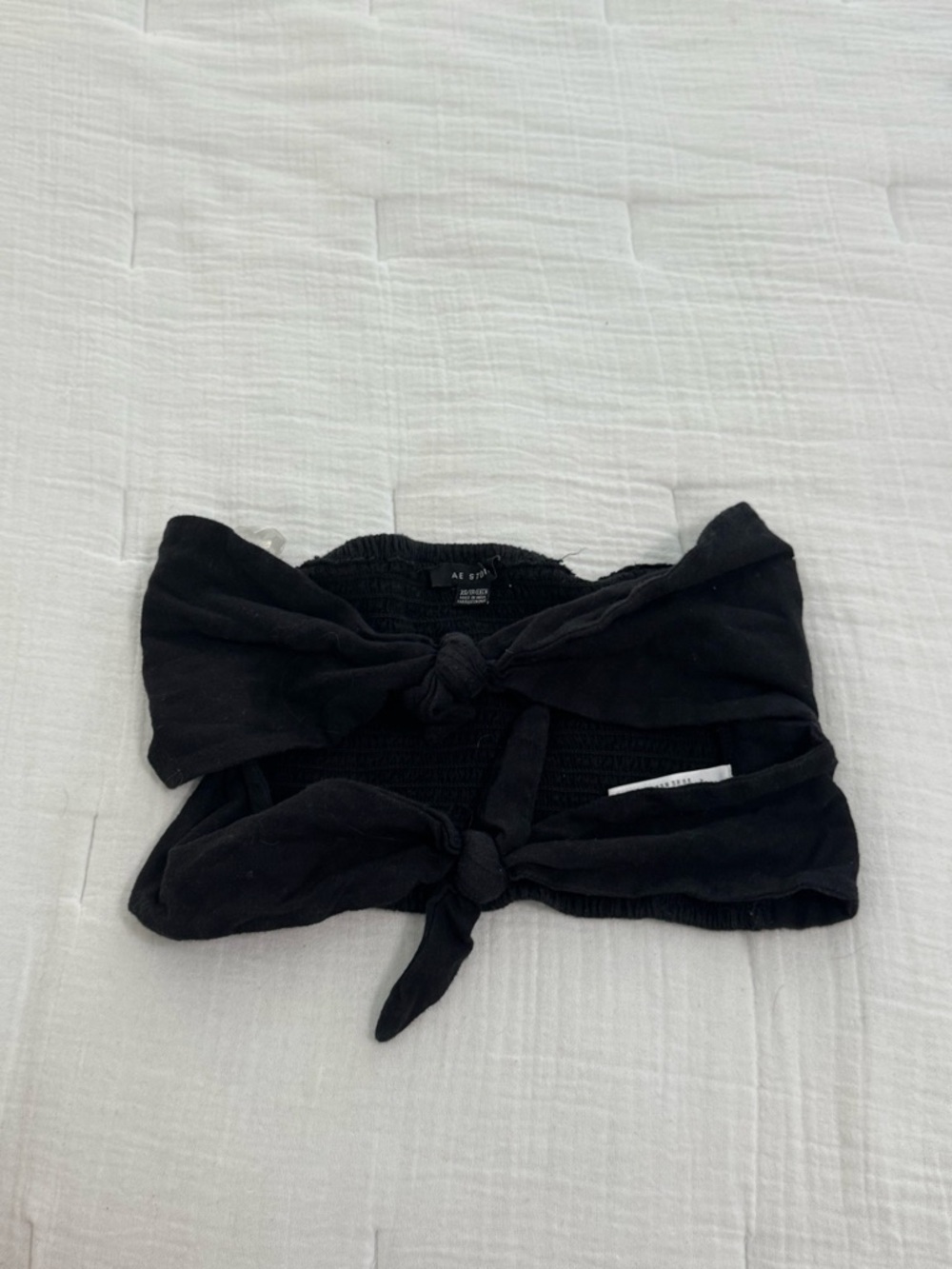 American Eagle Outfitters Black Tie-Front Smocked Crop Top